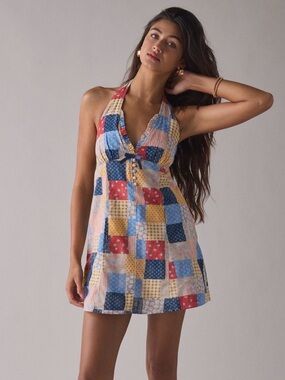 Kimchi Blue Patchwork Halter Mini Dress Size L | UO Exclusive